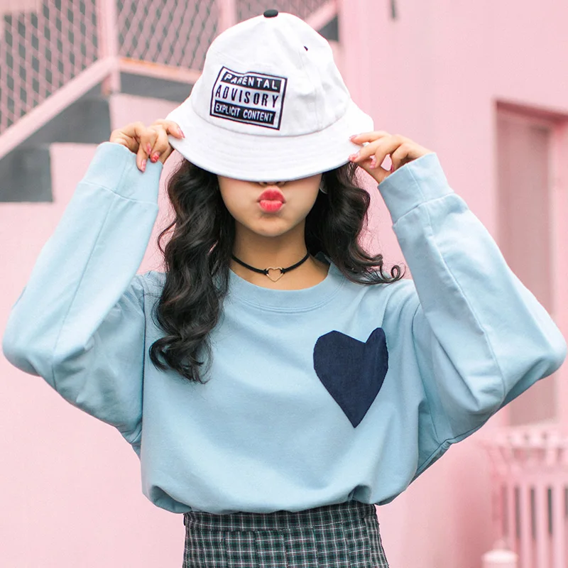 Корейский модный синий свитер с карманом Love топы для женщин Harajuku Kawaii школьная