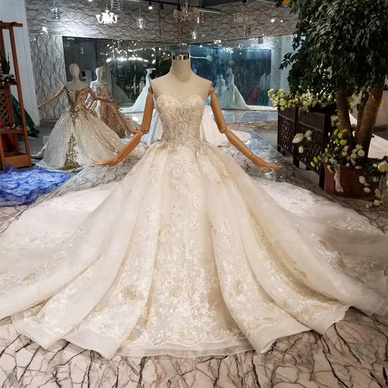 100% Real Photo Ball Gown Fluffy Big Train Luxury Fluffy Wedding Dresses Bridal Gowns Tulle Lace Crystal Beaded 2021 New LO01