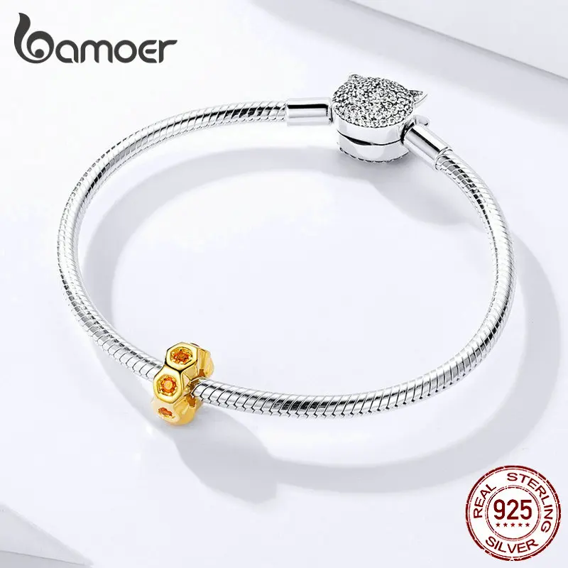 BAMOER 925 пробы серебряный золотой цвет пчела Подвески с силиконовыми шестиугольными пробками для Серебряный браслет со змеей брендовые ювелирные изделия SCC1170