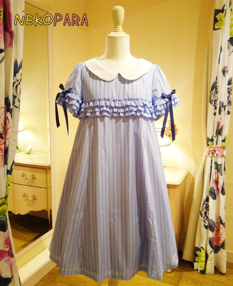 Милое женское платье в голубую полоску стиле &quotЛолита&quot JSK летнее с воротником