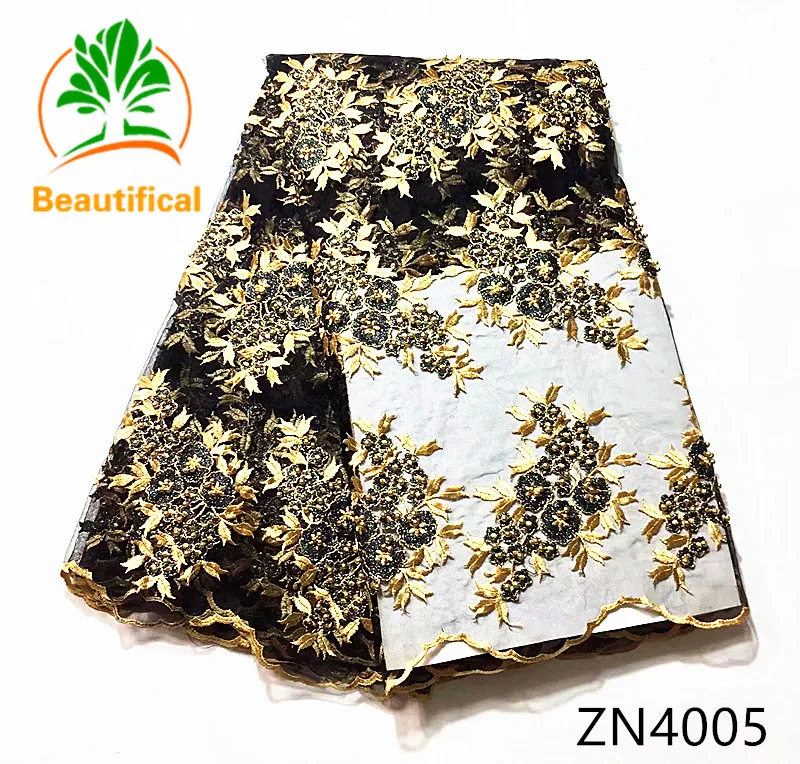 Beautiful African Net lace fabric 5yards embroidery flower beaded yellow+black african tulle for wedding ZN40 | Дом и сад