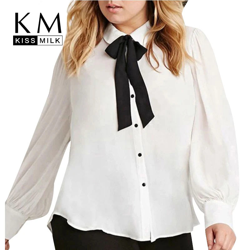 Kissmilk Plus Size New Fashion Women Bow Button Down Big White Long Sleeve Chiffon Preppy Style Blouse 3XL 4XL 5XL 6XL|women bathing suit