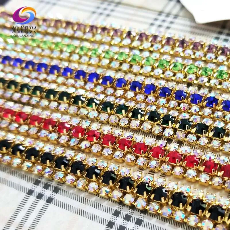 Цепочка со стеклянными кристаллами и стразами 1 ярд 3 ряда|Стразы| |