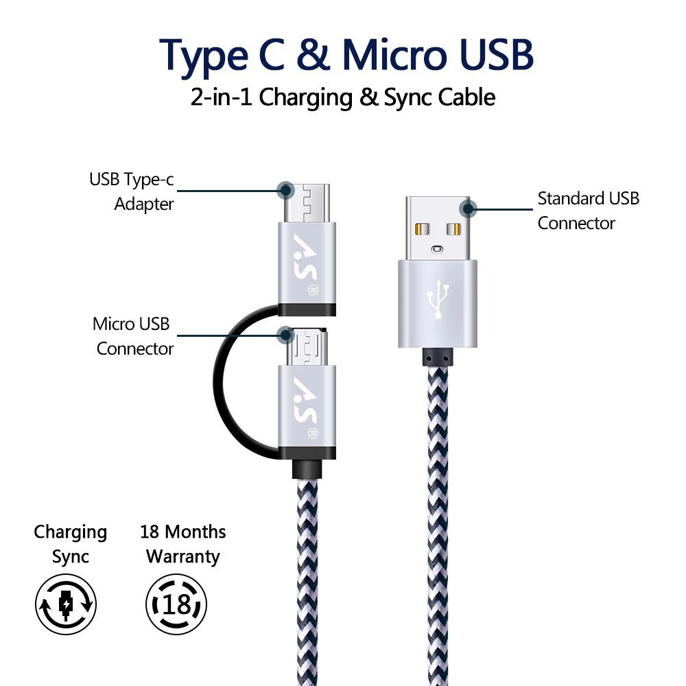 Кабель Micro USB A.S для samsung 2 в 1 кабель usb type C быстрой зарядки и передачи данных