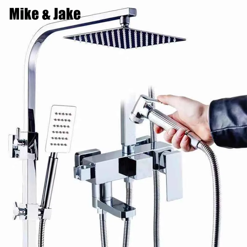 

Bathroom brass shower set four function shower kit bathtub mixer set hot and cold square shower mixer bathroom shower crane
