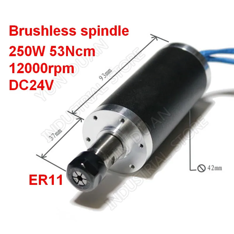 250W Brushless Spindle 53Ncm 12000rpm DC 24V 42mm Motor ER11 Collets for Drilling Milling Carving Metal Plastic Wood Working