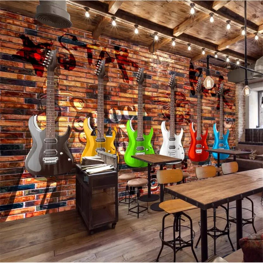 beibehang Custom wallpaper 3d murals Europe and America retro electric guitar brick wall bar KTV mural TV background wall paper