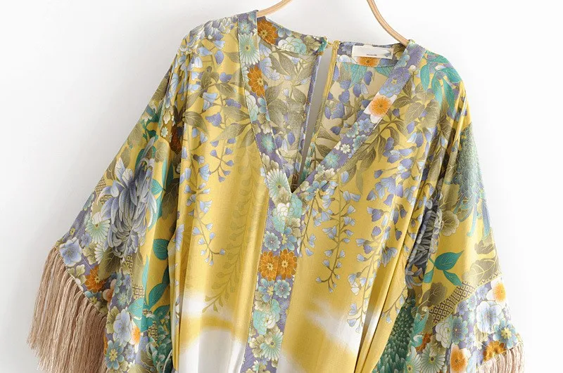 Women V Neck Tassel Maxi Dress Floral Print Loose Kimono Knee Length Lace Up Casual | Женская одежда