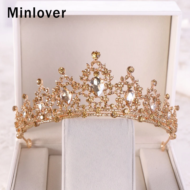 Minlover золото/синий цвет кристалл свадебные диадемы Короны барокко невесты