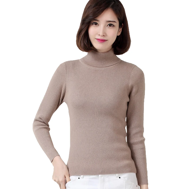 Slim fit cashmere rib jumpers for women winter thick high neck sweaters ladies black white red grey khaki turtleneck knitwear | Женская