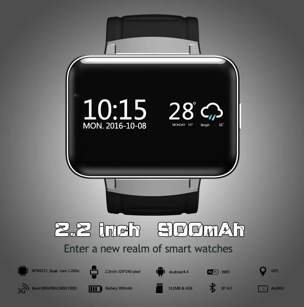 2,2 дюймов DM98 Android Смарт часы 3g WCDMA Bluetooth Smartwatch телефон 900 мАч батарея Носимых устройств MTK6572 двухъядерный gps Wifi