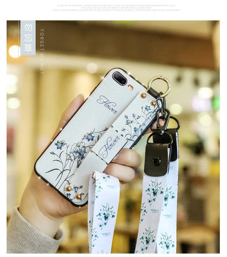 Vintage for iPhone Xs Max 8 Glitter 7 6s Plus All-inclusive Shine Diamond Soft Silica Gel Back Cover Hand Strap Flower Ribbon |