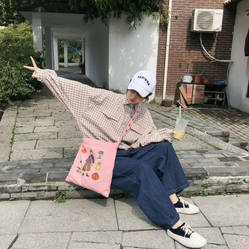 

Casual Large Capacity Canvas Tote Bag For Girls Simple Shopping Bag with Cartoon Print Ladies Folding Shoulder Bags