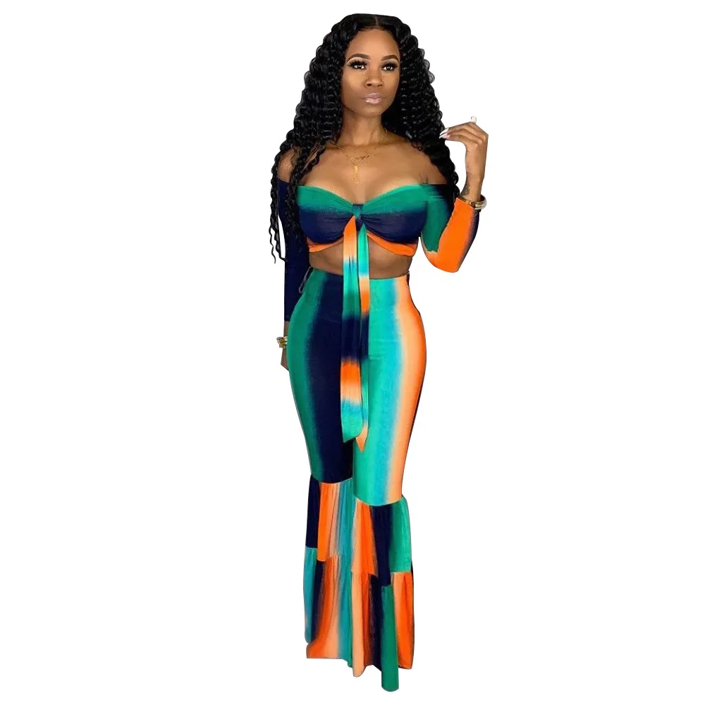 2019 women summer tie dye black hole galaxy up off the shoulder crop top flare long pants suit two piece set tracksuit K8803 | Женская