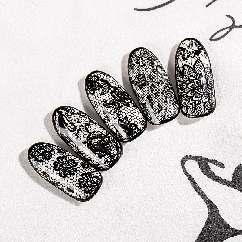 1 партия = 2 штуки наклейки для дизайна ногтей черные кружевные цветы в форме