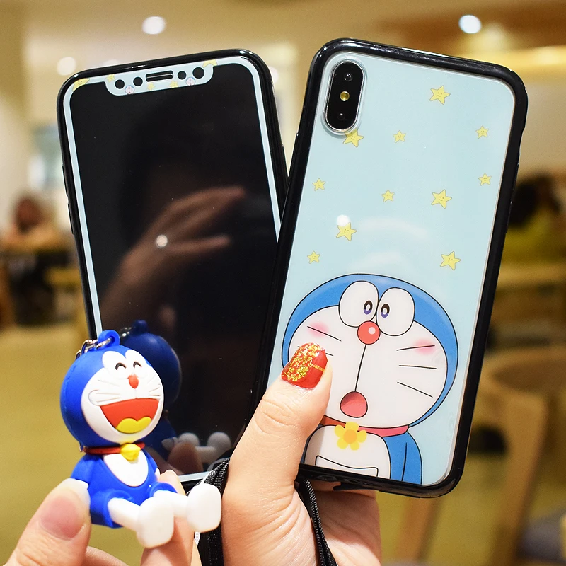 For iPhone X doraemon color case + back &amp front tempered glass sticker for 10 8 7 6 6s plus cover 360 protect +3D holder | Мобильные