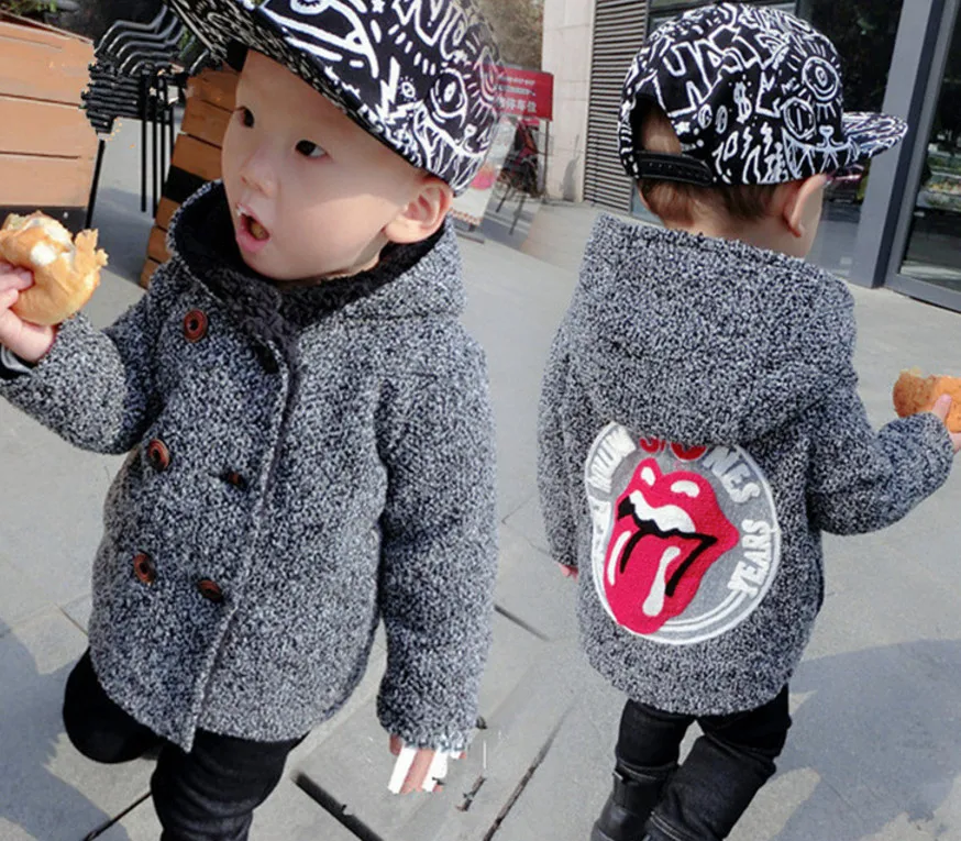 High Quality New Boys Kids Winter Hooded Coat Baby Cute Lips Double-breasted Jacket Plus Velvet Warmer Children clothing 1-5T | Детская