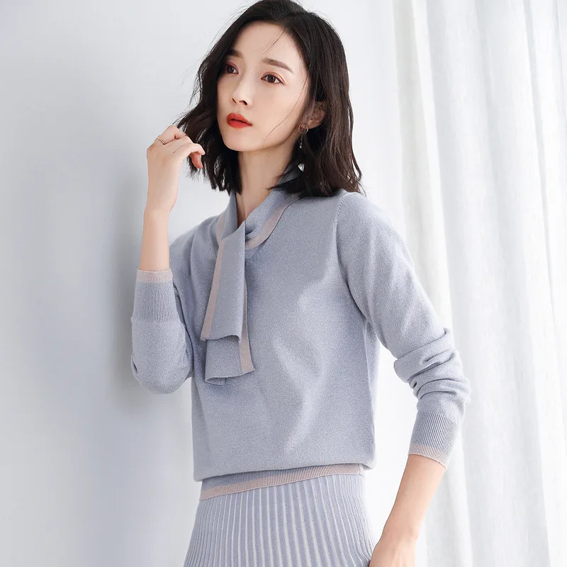 Fashion Scarf Collor Sweater Female Spring Autumn pullovers Women Bright silk Knitted Jumper Tops kz535 | Женская одежда