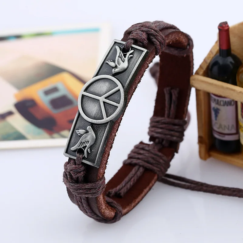 Retro Casual Genuine Leather Bracelets Hemp Rope Hand-woven Unisex Bangles Peace Alloy Charm Wrap Bracelet Man Jewelry Wristband | Украшения