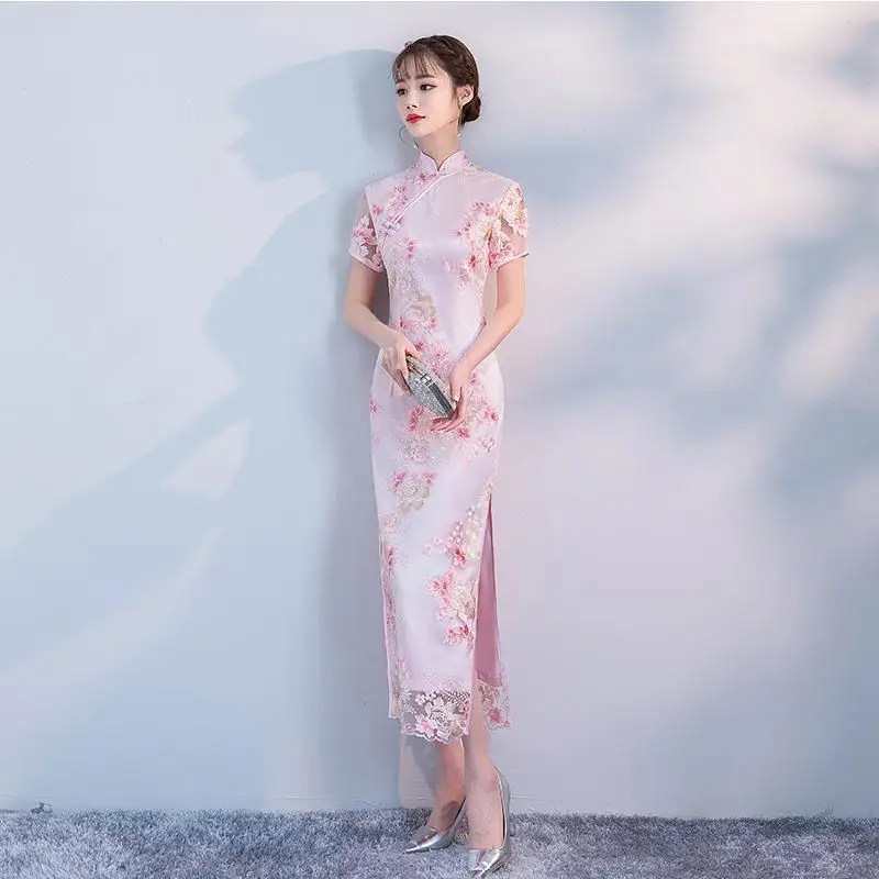 Свадебное платье Cheongsam, Восточное вечернее платье, китайское традиционное женское элегантное платье Qipao, сексуальное длинное платье в стиле ретро, размеры s, m, l, xl, XXL - Цвет: Розовый