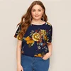 SHEIN, блузка размера плюс, темно-синяя, с растительным принтом,, женская, летняя, Цветочный, Круглый ворот, короткий рукав, обычная, плюс, блузки, рубашка
