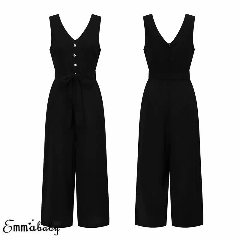 Womens Solid V Neck Backless Lace Up Playsuit Ladies Party Summer Romper Loose Wide Leg Jumpsuit |