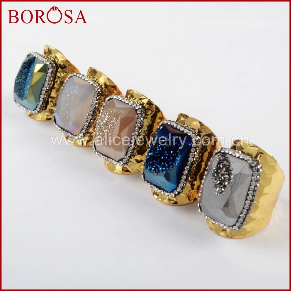 BOROSA Новое прямоугольное кольцо из природного друзы геоды радуги Drusy, Золотое кольцо, хрустальные стразы, модные драгоценные камни, кольцо, ювелирное изделие JAB798