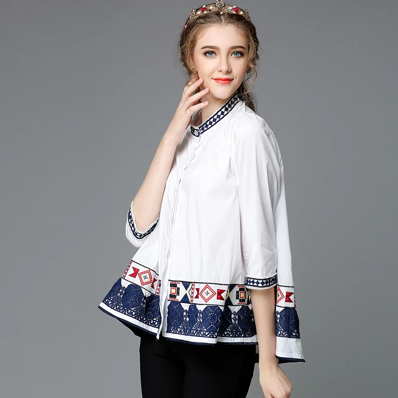 Женские хлопковые рубашки с вышивкой блузки рукавом три четверти темно синие