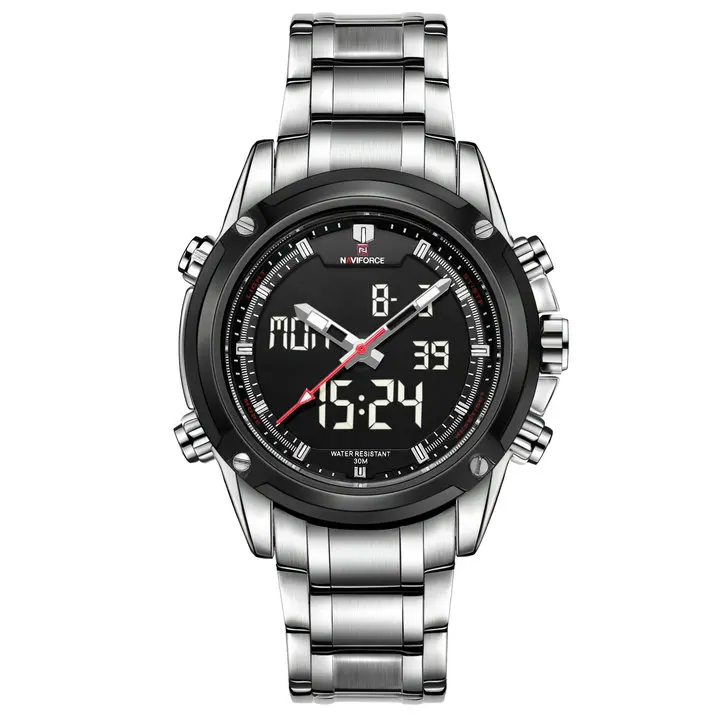 SILVER GRAY NAVIFORCE, военные часы, люксовый бренд, кварцевые, светодиодный, цифровые часы, полностью стальной ремешок, водонепроницаемые, армейские, модные, двойное время, аналоговые часы - Цвет: SILVER GRAY