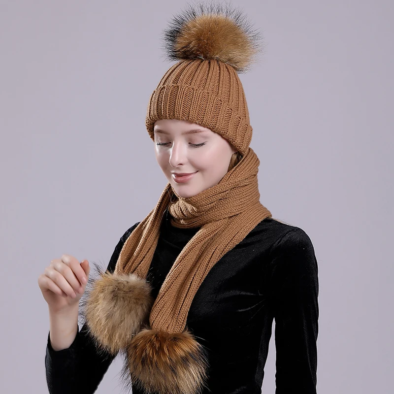 MNKNCL/шапка с помпоном для девочек теплые вязаные меховая шапка и шарф комплект