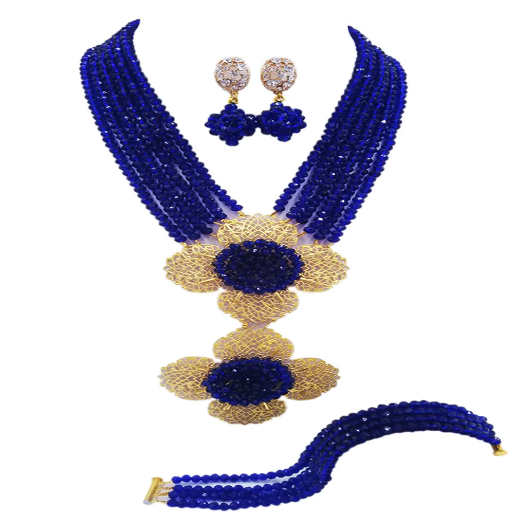 

Gorgeous Royal Blue Nigerian African Beads Jewelry Set Dubai Wedding Jewelry Set Wholesale Price Crystal Beads Set 6C-2DH008