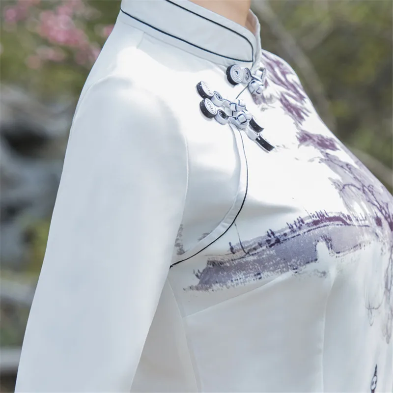 Женский Вертикальный Воротник с длинным рукавом белый чернильный принт