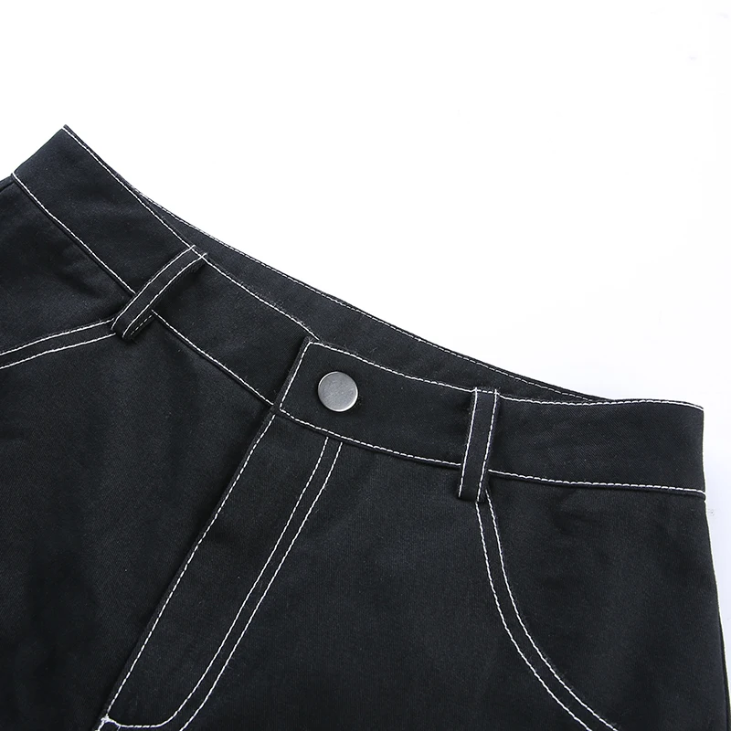 Sweetown Black Hollow Out Punk Style Straight Pants Women Streetwear Pockets Striped Summer Autumn High Waist Trousers Gothic