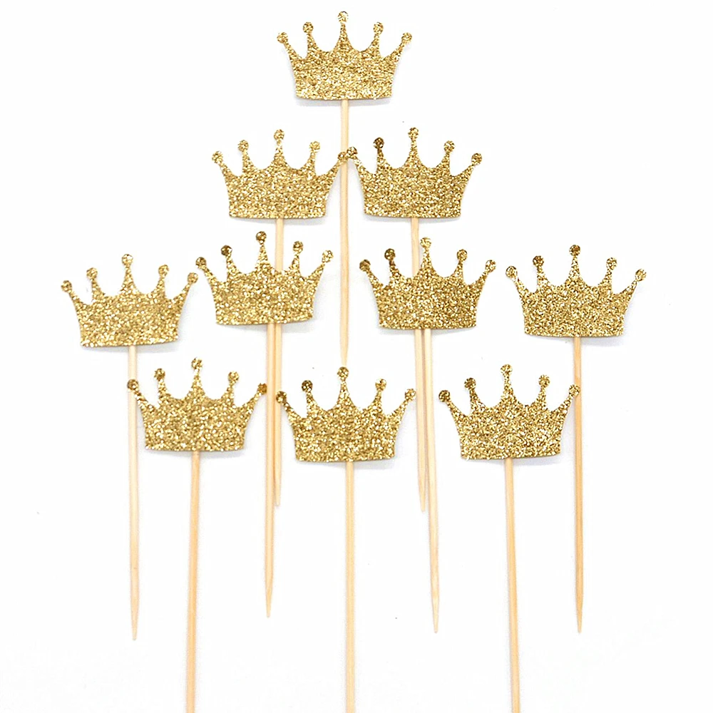 

20pcs/lot Princess Crown Gold Giltter Cake Topper 1st Birthday Decoration Kids Baby Boy Girl Party Decoration Cupcake Toppers