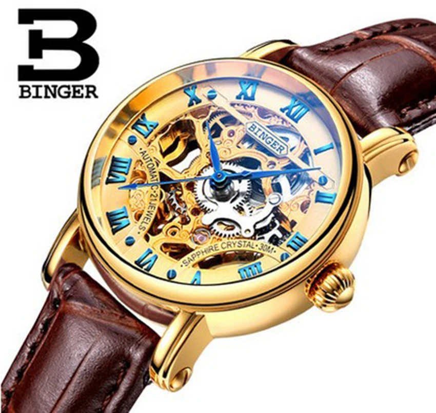 Женские автоматические механические часы BINGER из натуральной швейцарской кожи