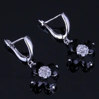 adorable heart shaped black cubic zirconia white cz silver plated drop dangle earrings v0771