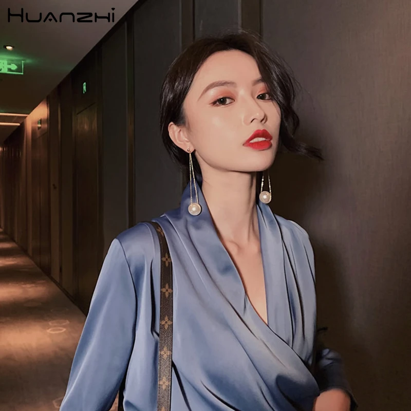 HUANZHI,, шикарные, большие искусственные жемчужины, кисточка, Корея, новые, длинные, Преувеличенные, металлические, серебряные, сплав, Висячие серьги для женщин, вечерние