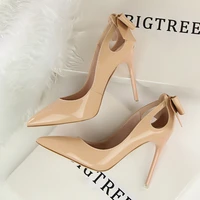 2022 new autumn fashion solid patent leather shallow women pumps sexy cut outs bowtie pointed toe high heels 10cm women shoes