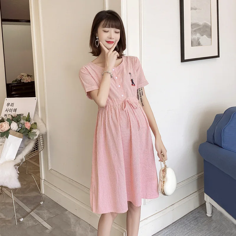 Хлопковое платье в полоску для беременных Материнство Платье кормящих женщин