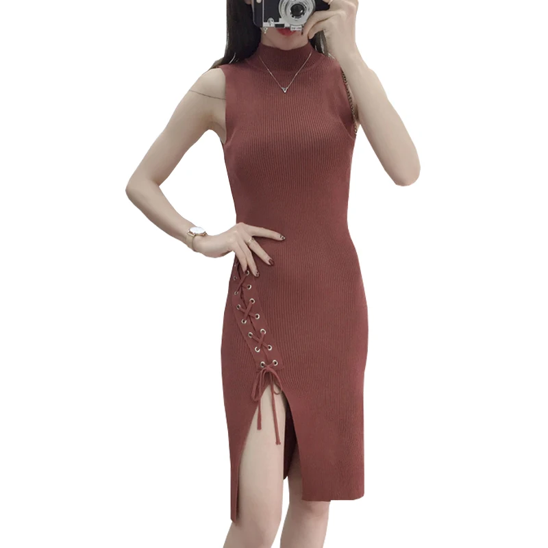 Shintimes Women's Sleeveless Dresses Fashion Spring Summer Black Bandage Bodycon Knitted Dress 2019 Elegant Slim Casual | Женская