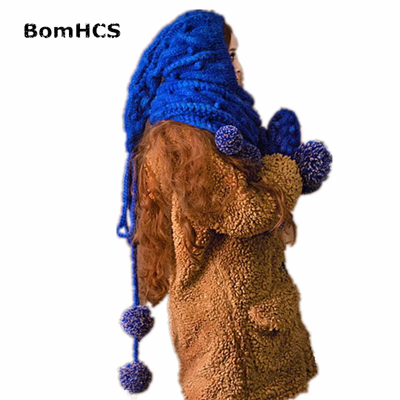 BomHCS Cute Big Scarf Hat with 9 Pompoms Winter Warm Handmade Knitted Neckerchief Hat and Gloves (2PCS)