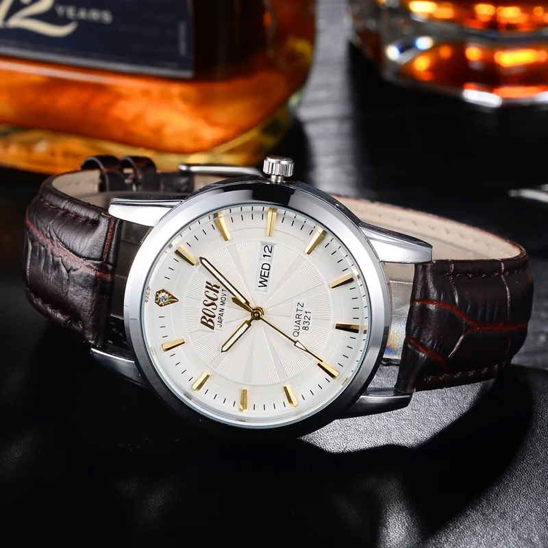 Leather White BOSCK Лидирующий бренд наручные часы для мужчин водонепроницаемые часы ударопрочный Horloge Mannen Авто неделя Дата Календарь Relogio кварцевые Saat Man - Цвет: Leather White
