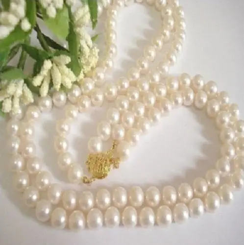 

Free shipping >>>>>>VERL CHARMING 2 ROW 8-9 MM AAA AKOYA WHITE PEARL NECKLACE 18" ns GOLD CLASP
