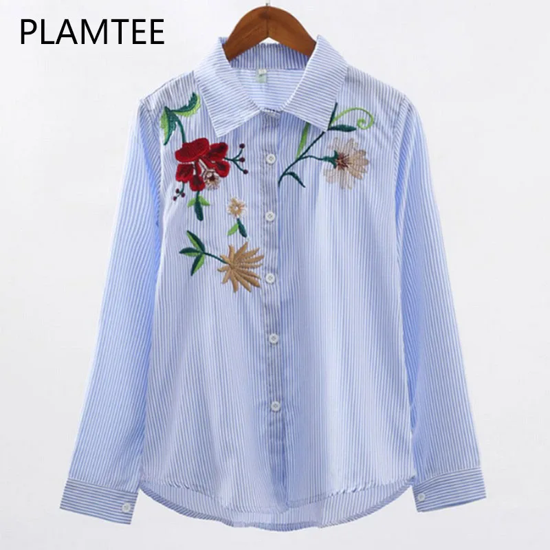 Plamtee Мода цветок Вышивка Синяя рубашка в полоску отложным воротником Подпушка с