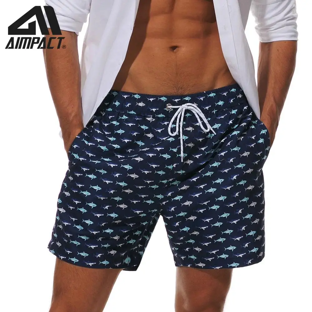 Aimpact Mens Board Shorts Fish Print Fast Dry Summer Beach Swim Hybrid Short Fashion Surf Hawaii Mesh lining Liner Trunks AM2205