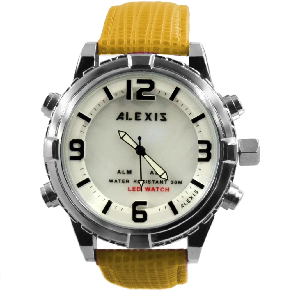Часы Alexis Fashion Мужские водонепроницаемые LED andigit с кожаным ремешком черный белый
