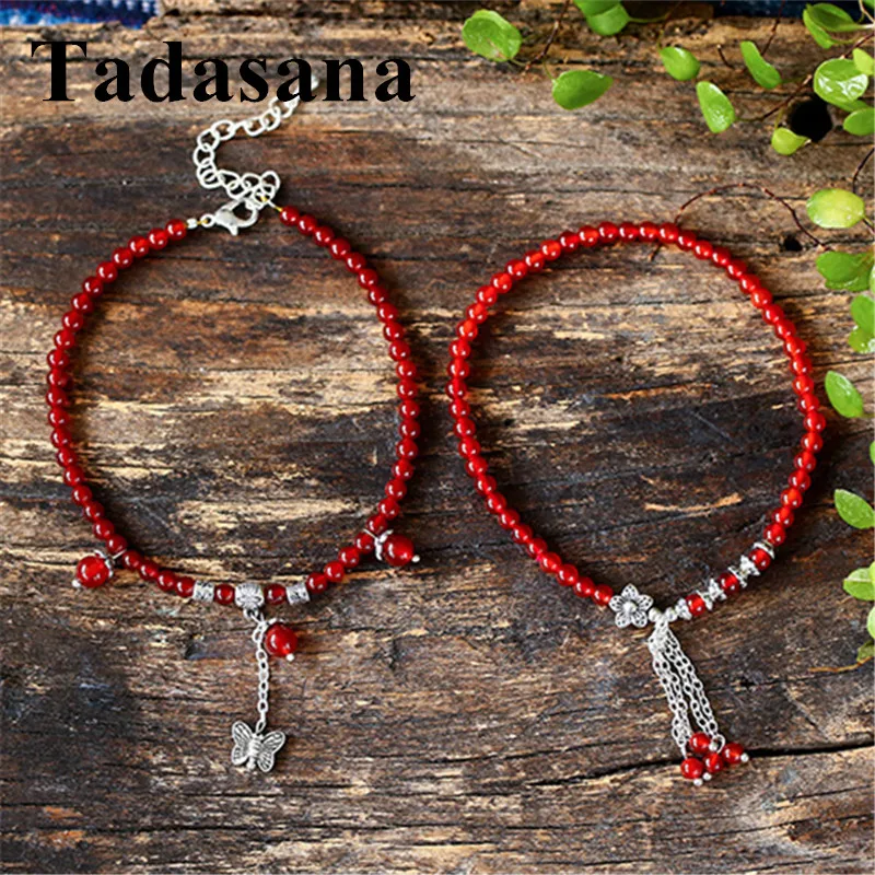 Красные Агаты 4 мм бисер летние из натурального камня с цепочкой женские ножные