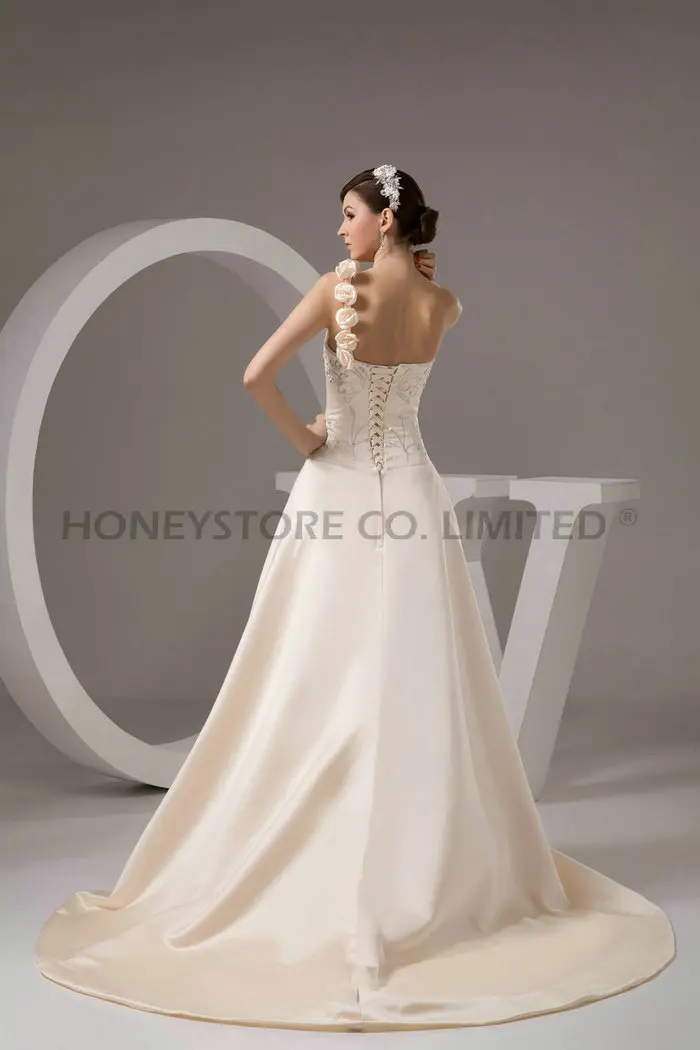 Wedding Dress Short Lace Dresses Satin Weddings A-Line Court Train Embroidery Sweetheart One Shoulder Sleeveless Dro 2015 Outlet |