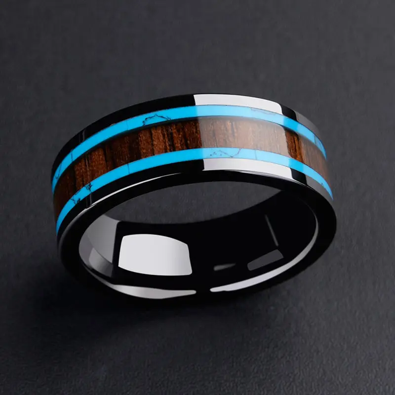 Керамическое кольцо для мужчин черное шириной 8 мм с полированной инкрустацией