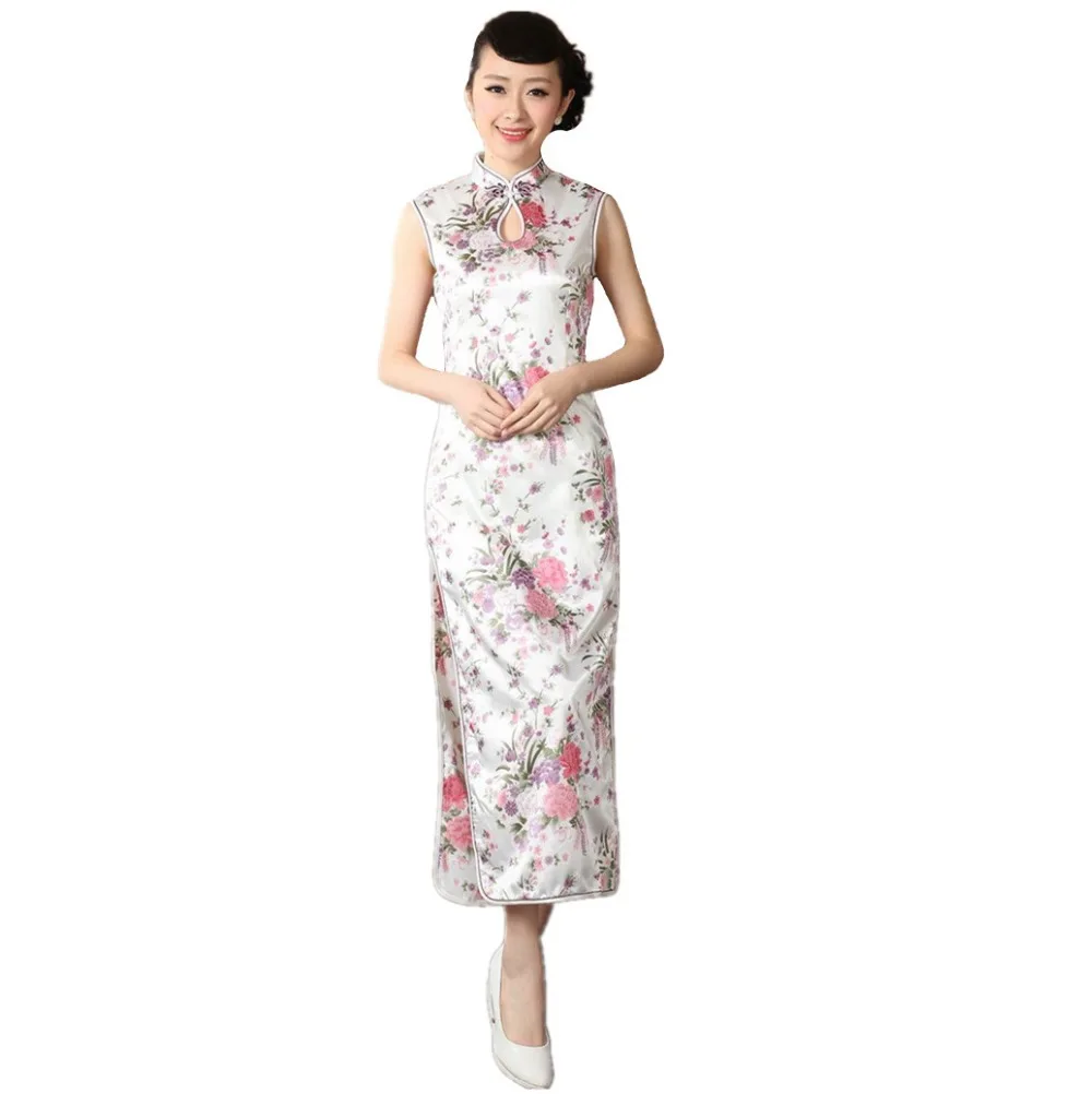 

Traditional Chinese Dress White Women's Cheongsam Mujeres Vestido Female Rayon Silk Long Qipao Flower Size S M L XL XXL J5112